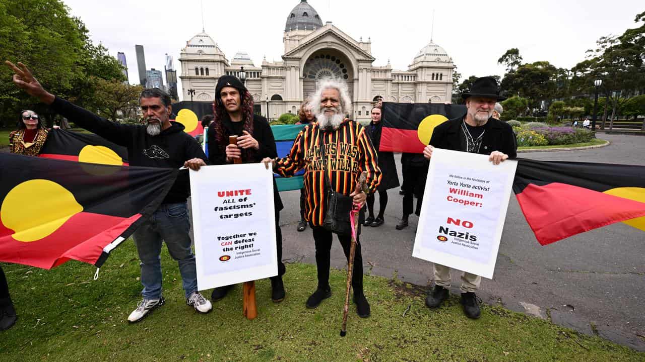 Anti-racism protesters at the Royal Exhibition Building in Melbourne.