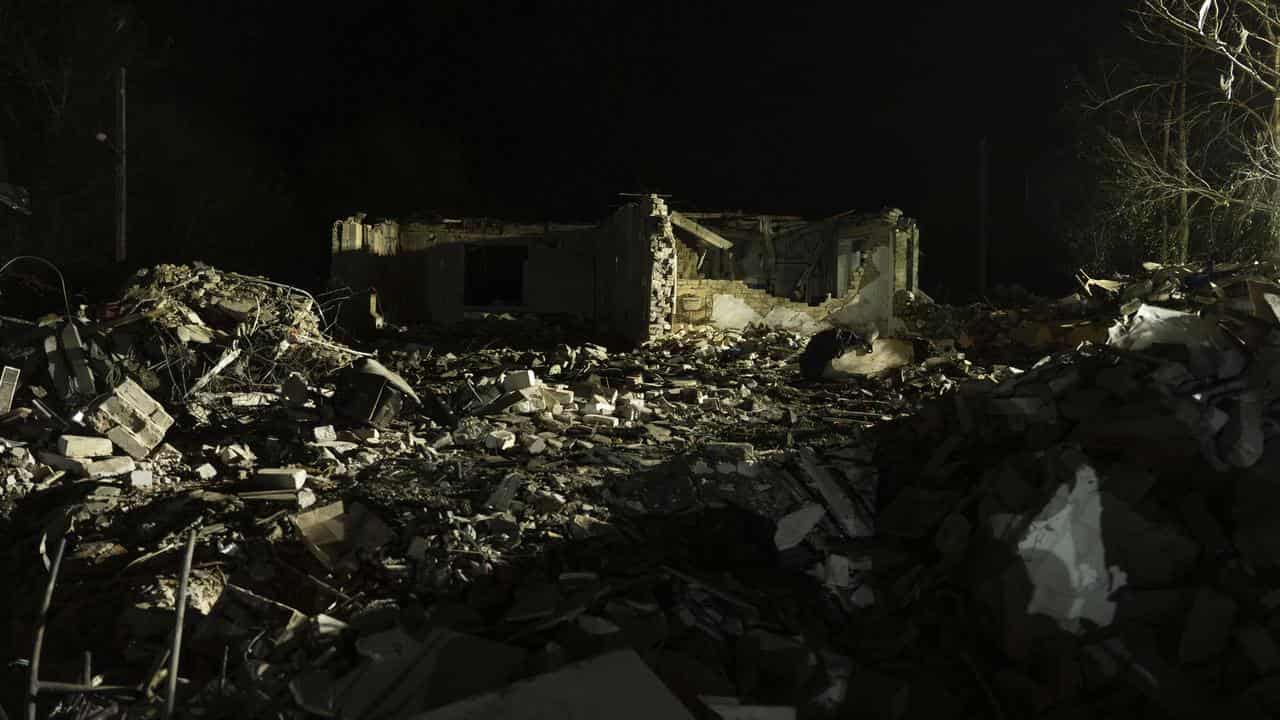 A destroyed building after a rocket attack