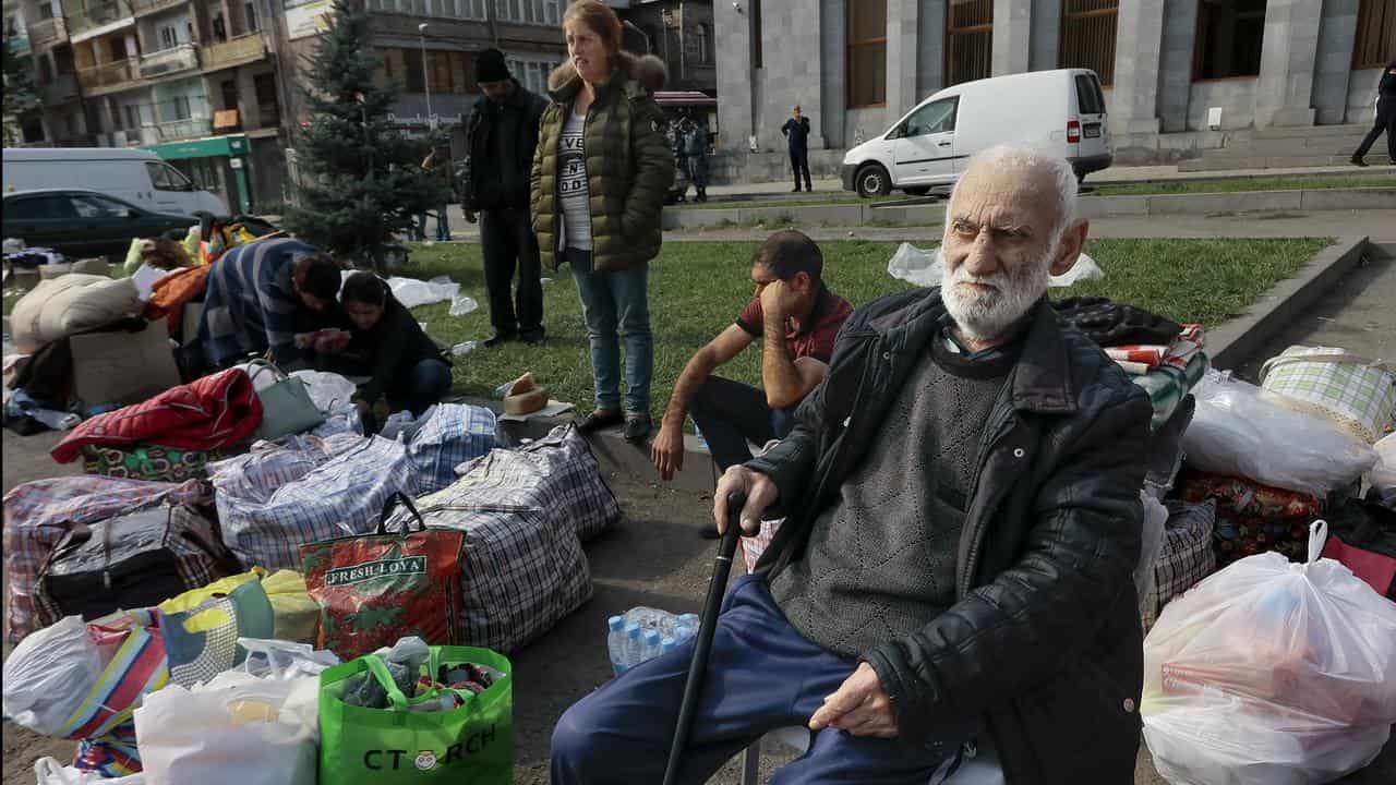 Ethnic Armenians from Nagorno-Karabakh at a tent camp