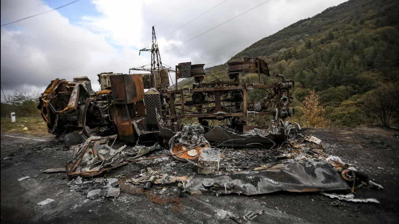 A burned Armenian truck near Khankendi, Azerbaijan