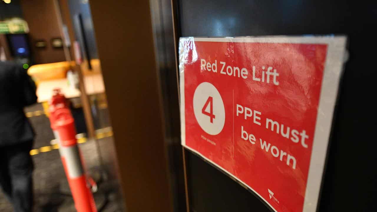 Signage for a 'Red Zone life' at the Four Points quarantine hotel