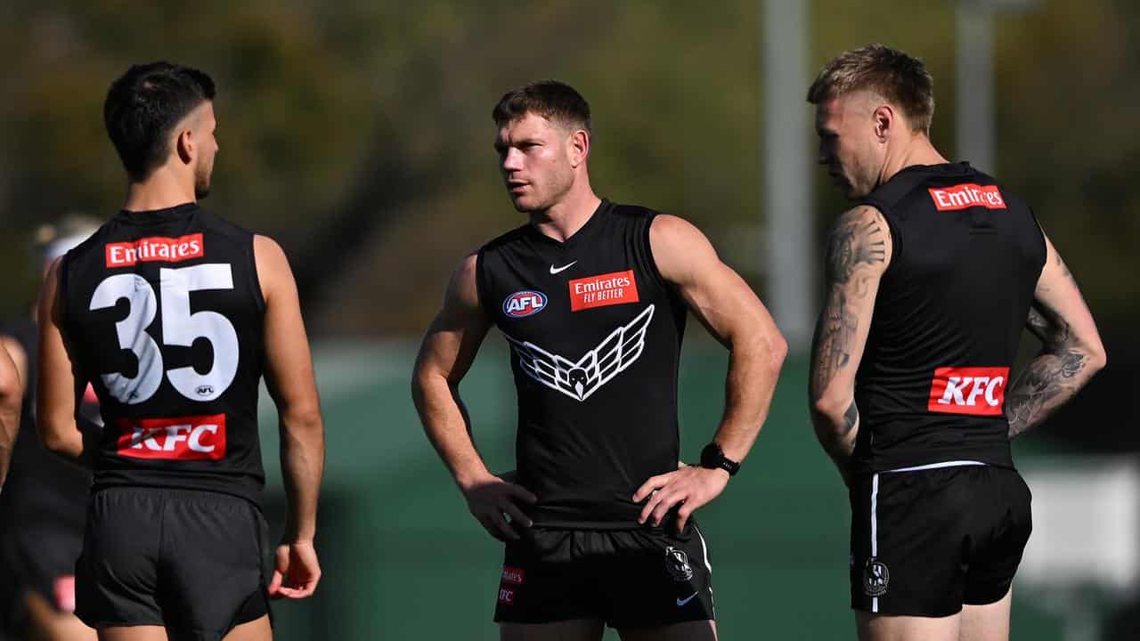 Collingwood's Taylor Adams (centre). 