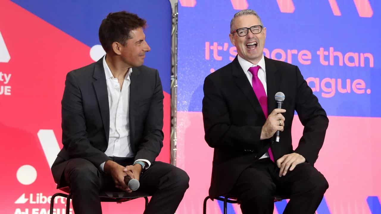 A-League  commissioner Nick Garcia (left) and Stephen Conroy