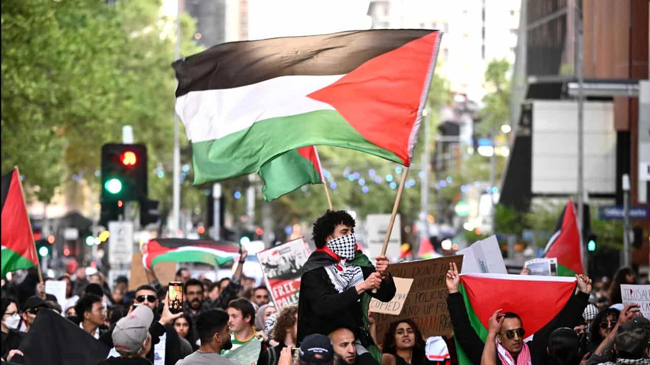 Protesters at Free Palestine Rally in Melbourne