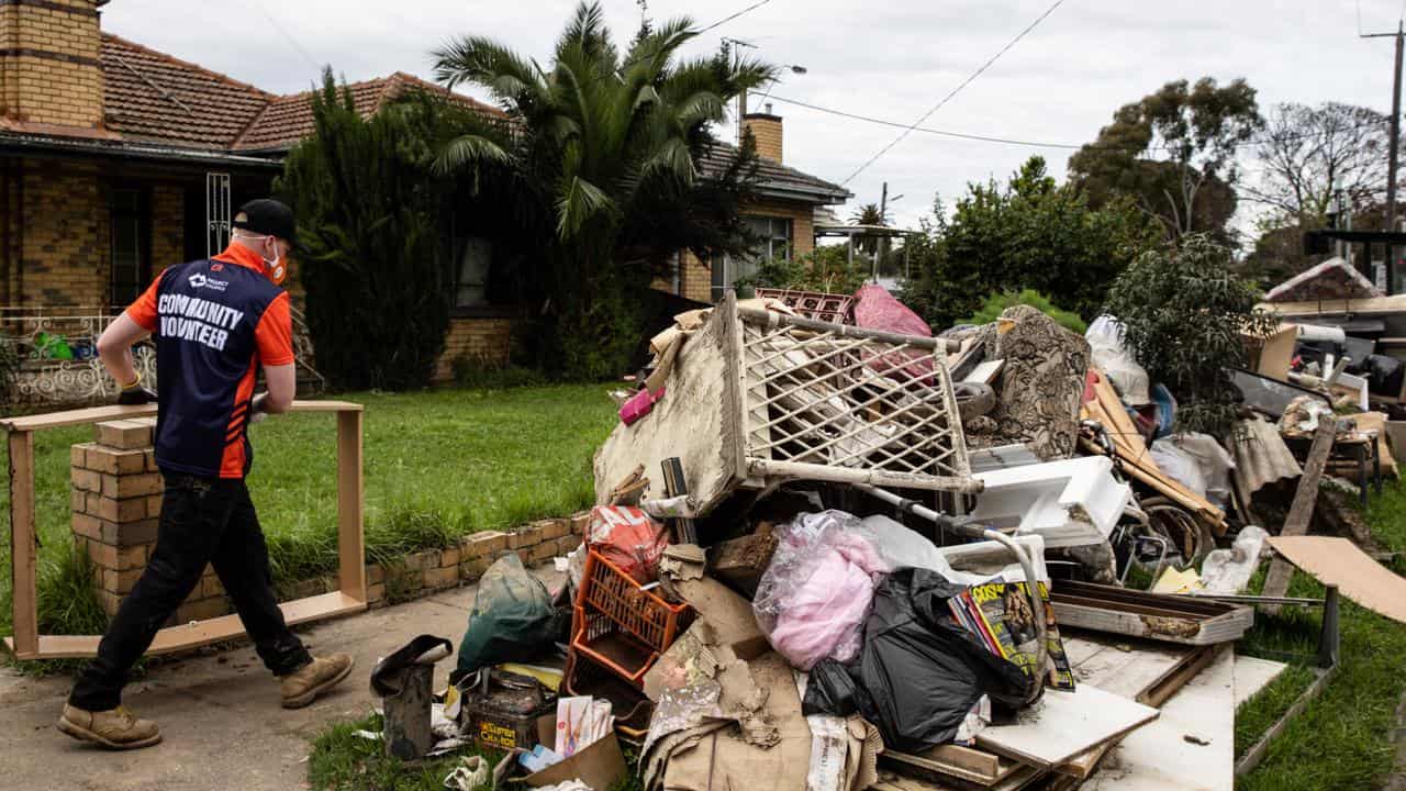 Flood-damaged belongings outside houses in Maribyrnong in 2022.