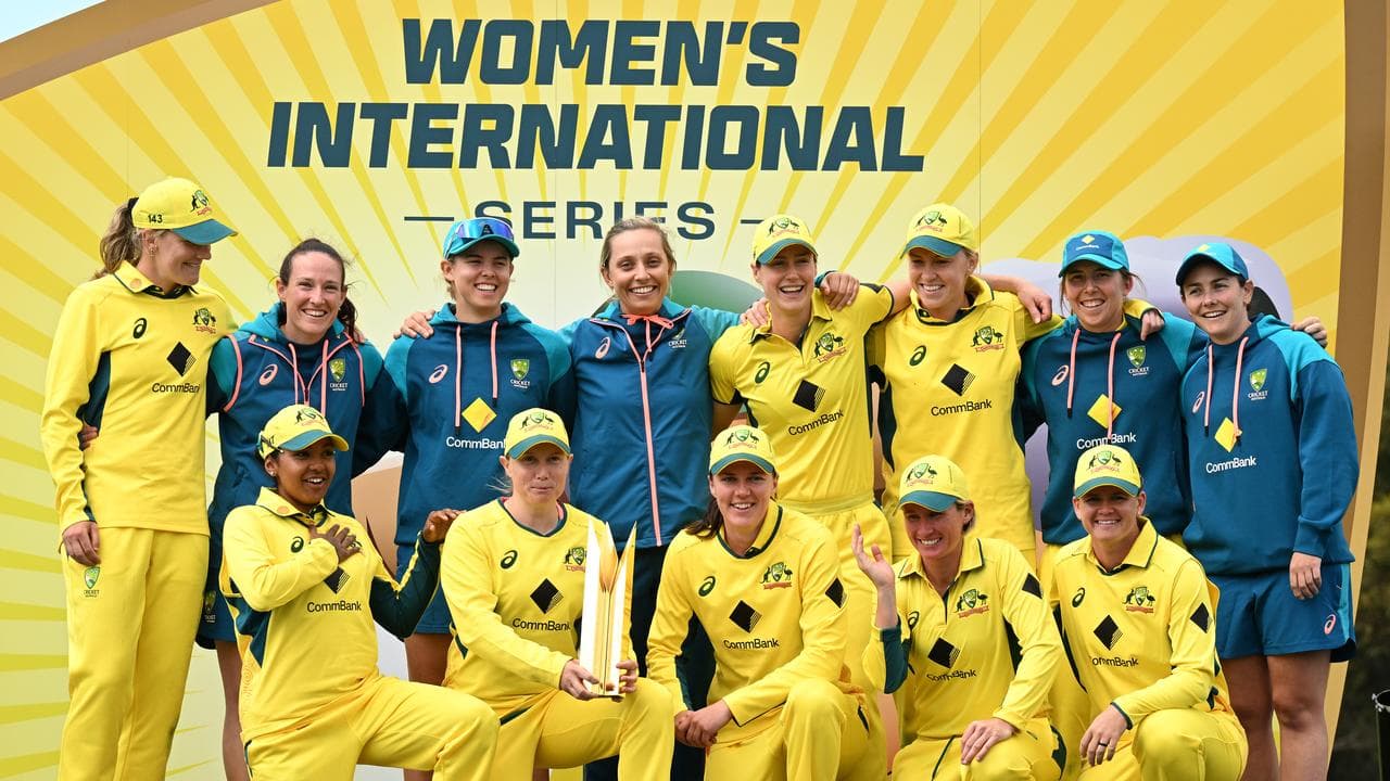 Australia celebrate winning the ODI series against West Indies.