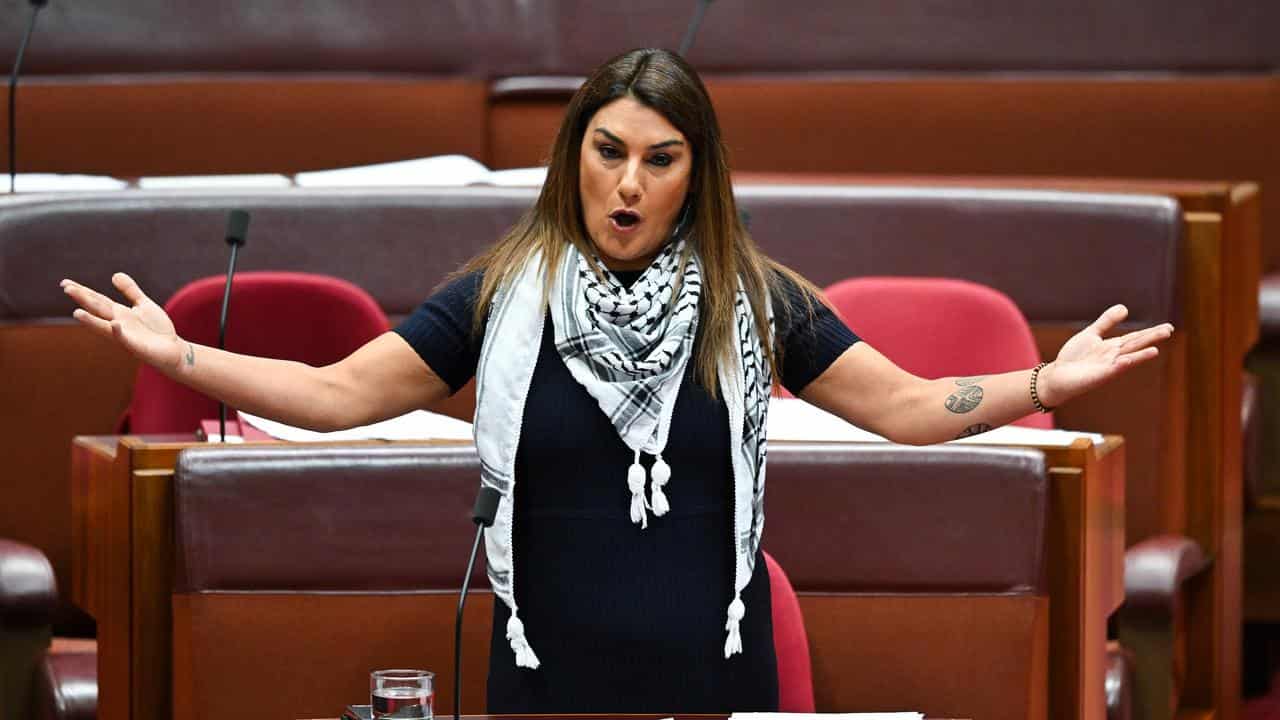 Independent Senator Lidia Thorpe wears a Palestinian keffiyeh scarf