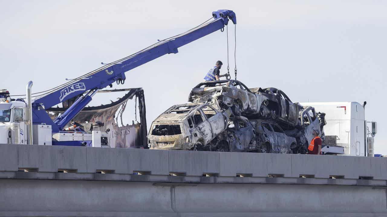 Heavily damaged vehicles on the Interstate 55 near Manchac, Louisiana