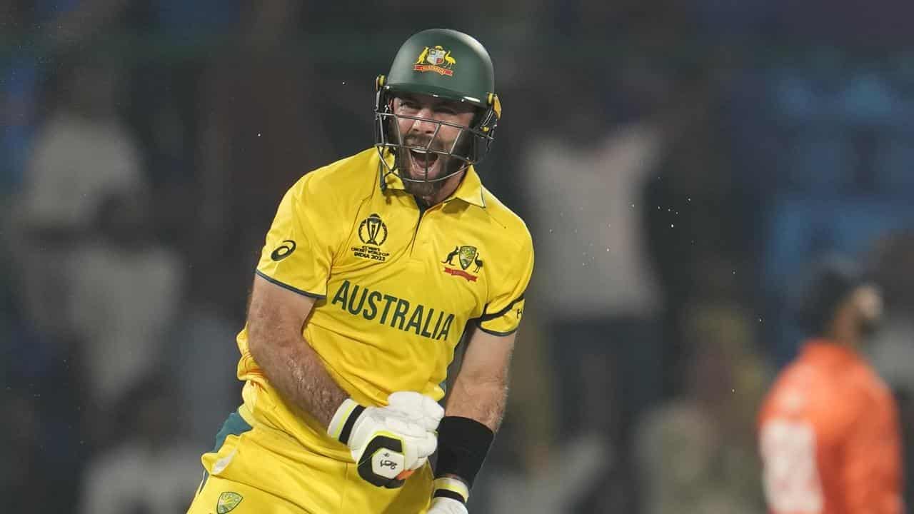 Glenn Maxwell celebrates his record-breaking quickfire century.