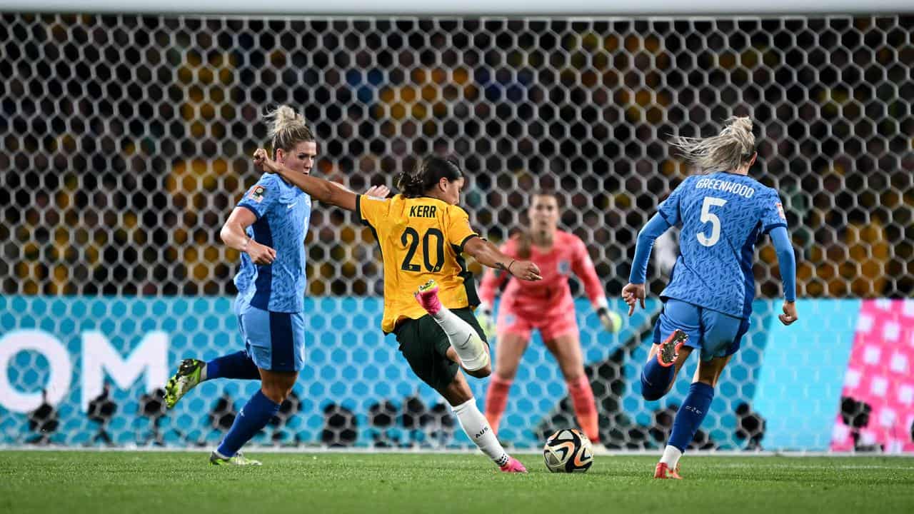 Sam Kerr scores for Matildas against England. 