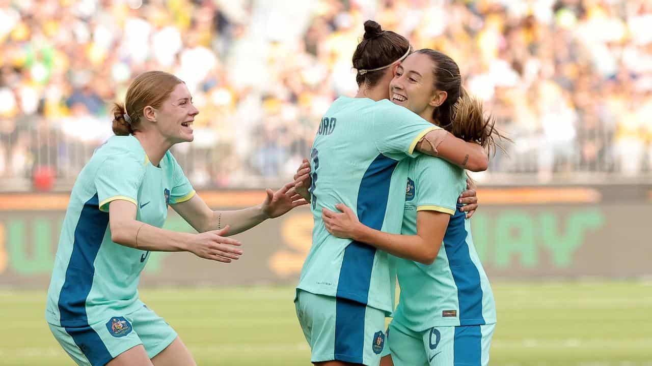 Cortnee Vine celebrates a goal for the Matildas v the Philippines.