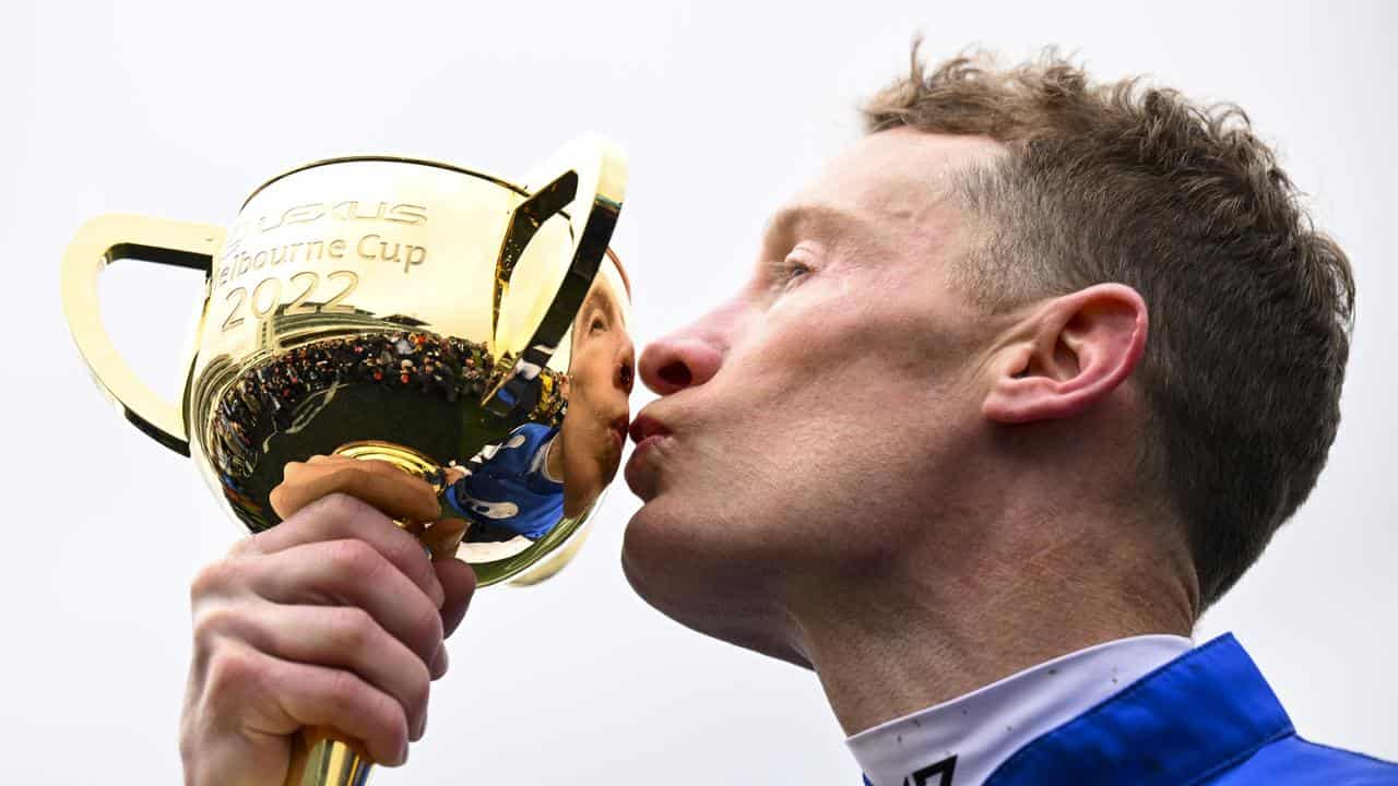 Mark Zahra embraces the 2022 Melbourne Cup.