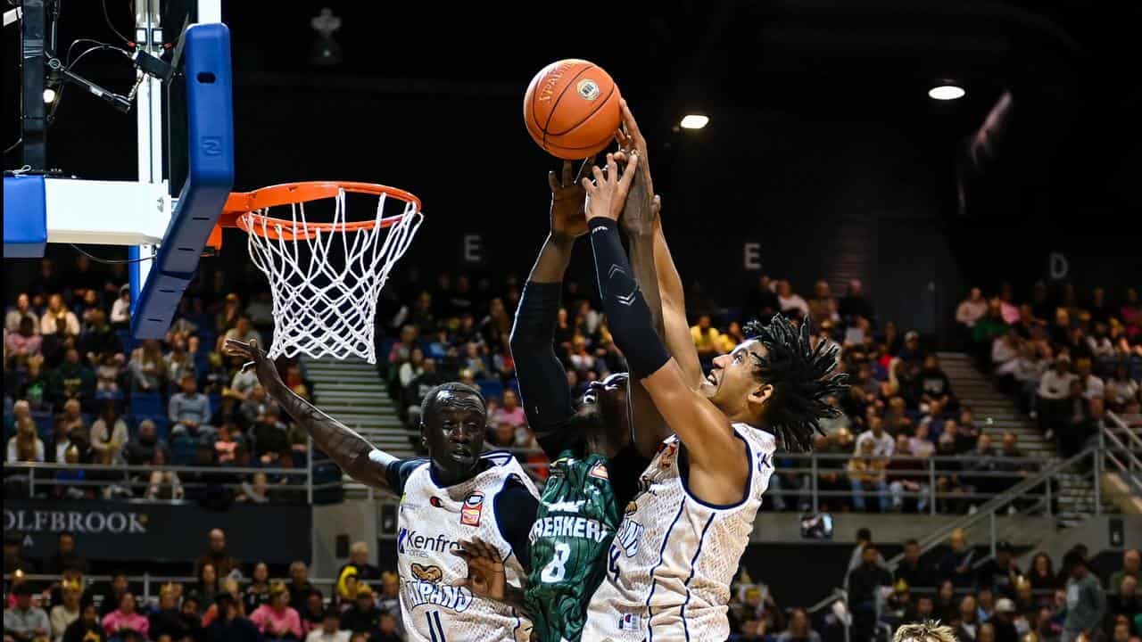 Action from NZ Breakers against Cairns in the NBL.