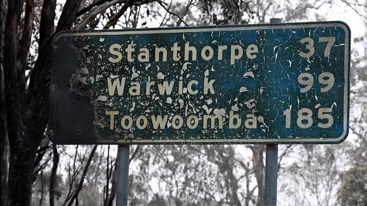 Bushfire damaged sign Queensland