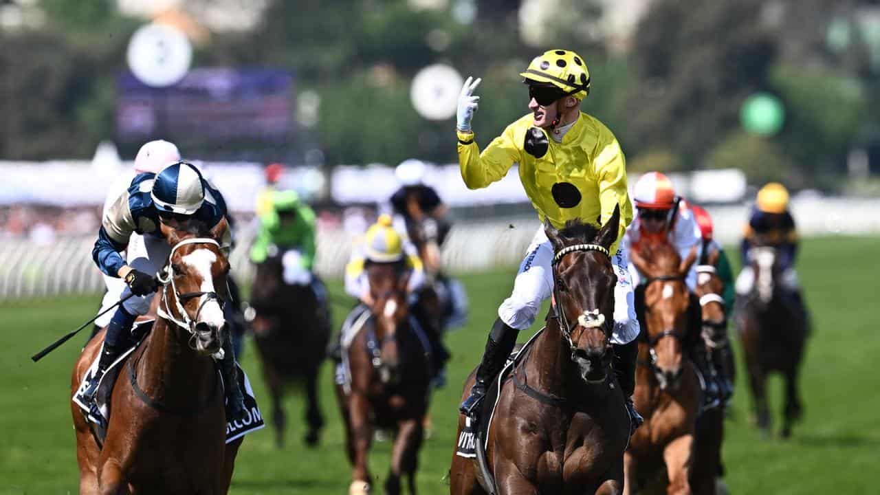 Mark Zahra celebrates winning the Melbourne Cup. 