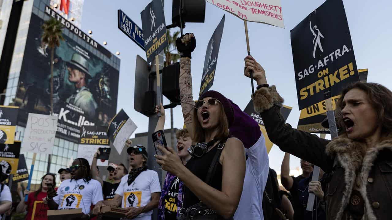 SAG-AFTRA members outside Netflix headquarters in LA