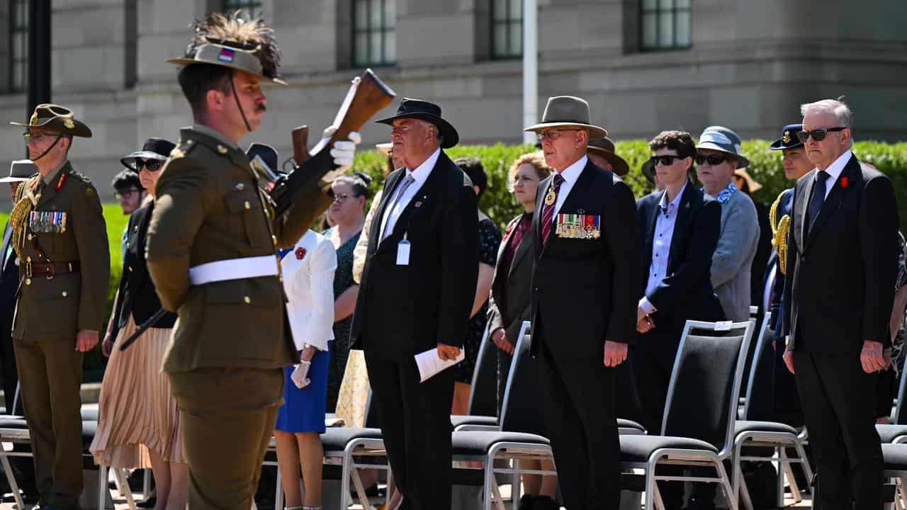 Kim Beazley, David Hurley and Althany Albanese at Remembrance Day