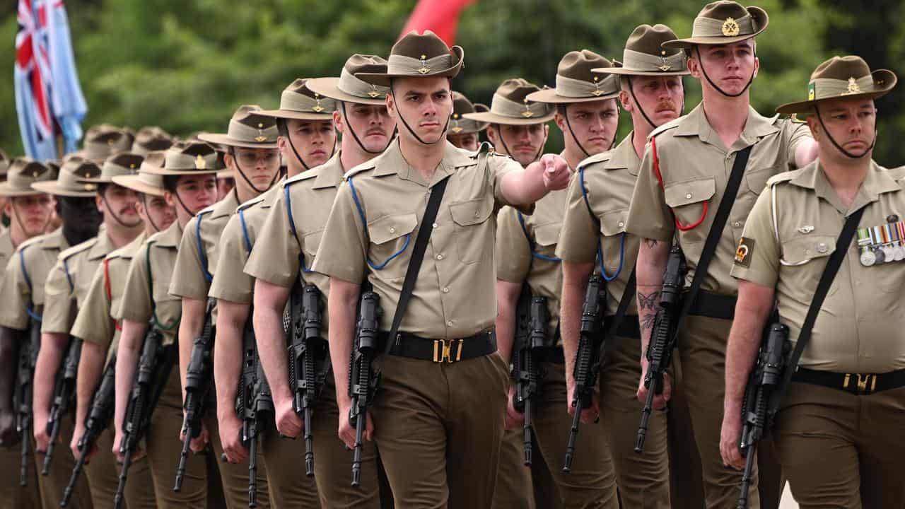 Defence personal arrive at the Remembrance Day Service in Melbourne