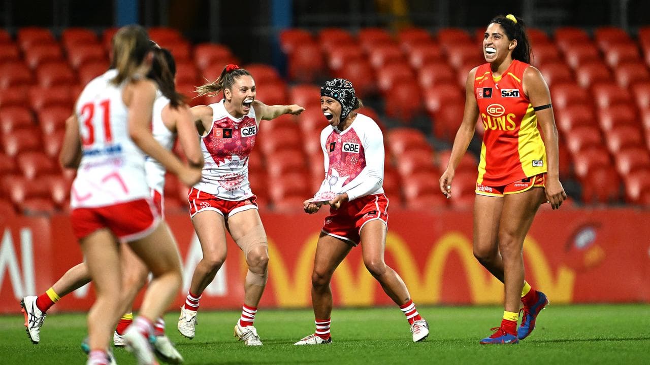 Sydney Swans celebrate a goal.