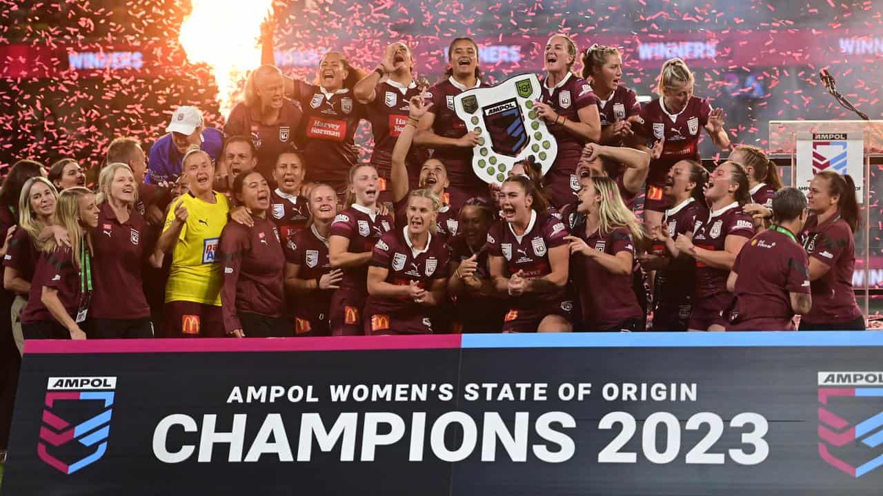 Queensland celebrate their 2023 Women's State of Origin series win.