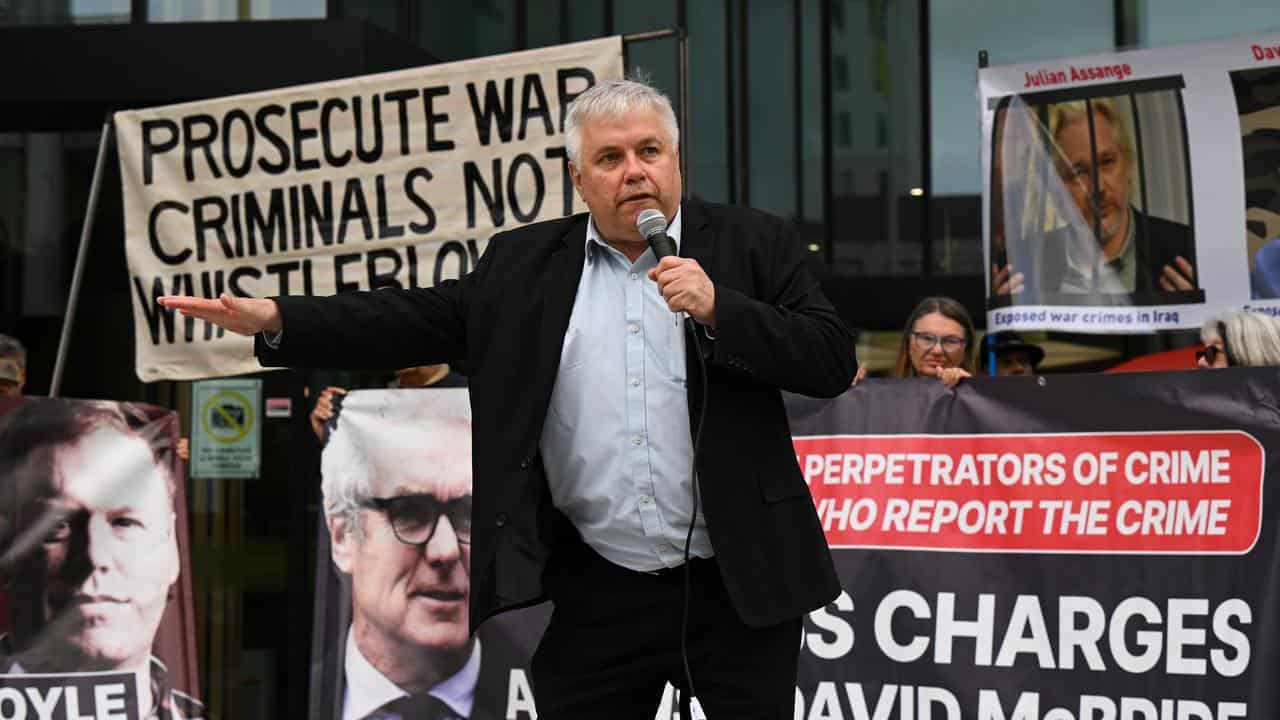 Former Senator Rex Patrick addresses the rally