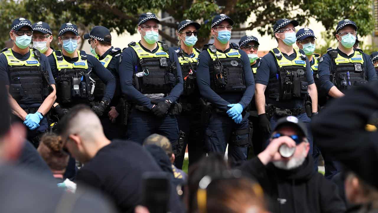 Victoria Police at a ‘The Worldwide Rally for Freedom’ (file image)