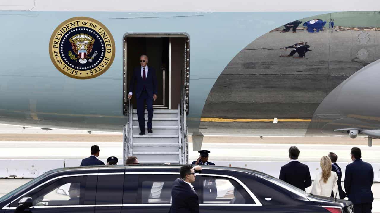 US President Joe Biden steps off Air Force One in San Francisco