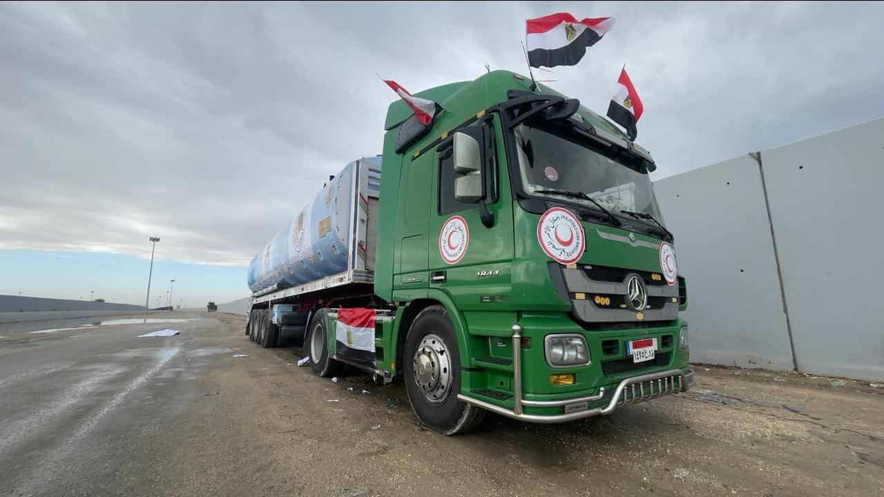 A fuel truck waits at the Rafah border crossing to Gaza