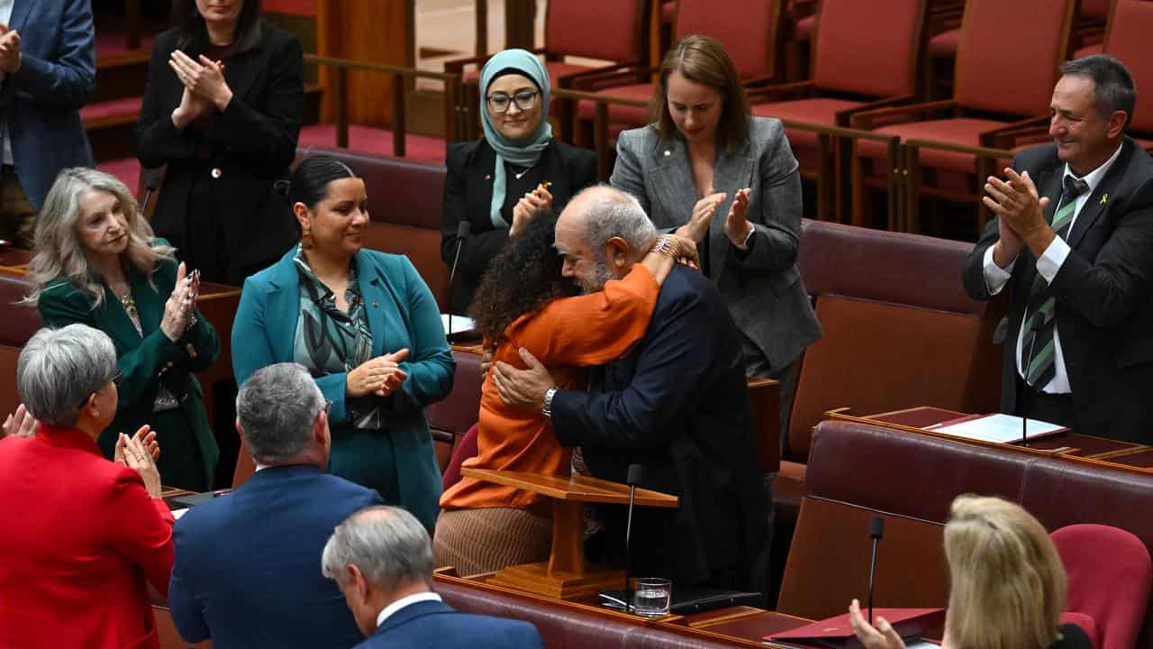 Pat Dodson after delivering his valedictory speech in the Senate