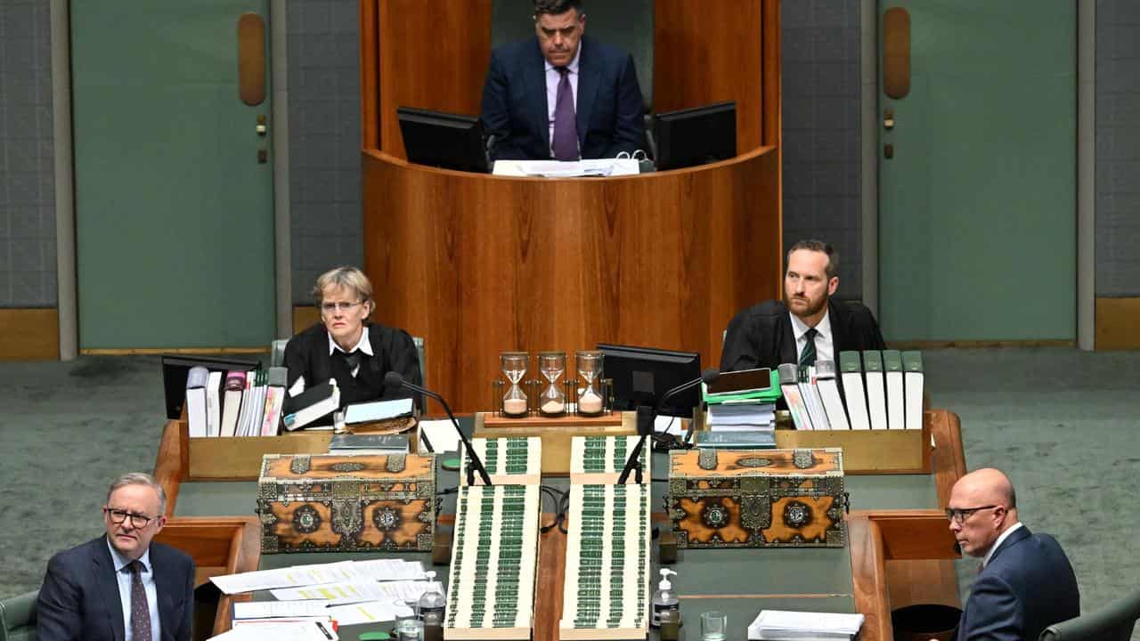 Anthony Albanese and Peter Dutton seated opposite in parliament