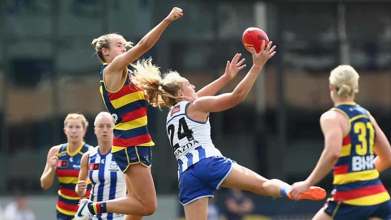 Action from the AFLW prelim final between North Melbourne and Adelaide