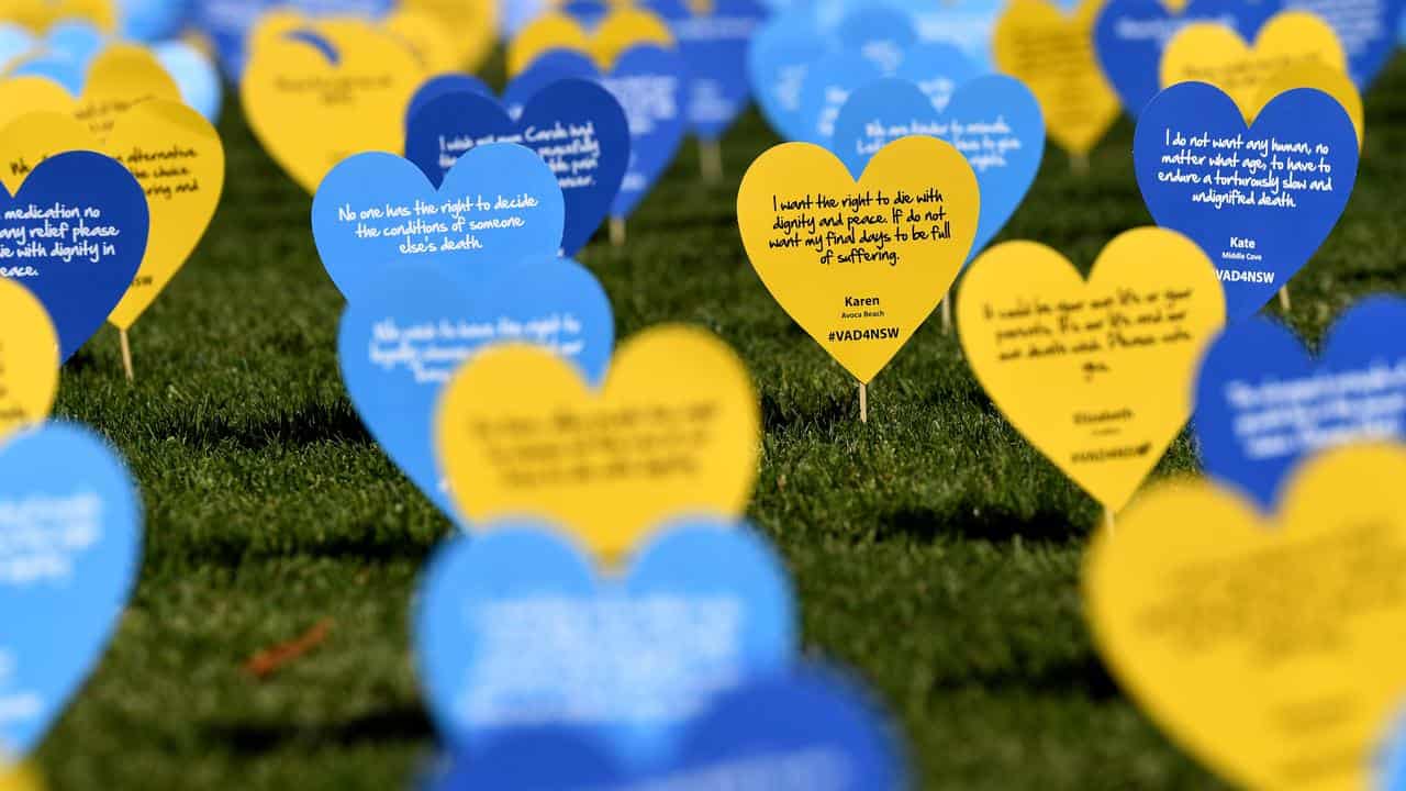 Heart shapes planted in support of voluntary assisted dying.