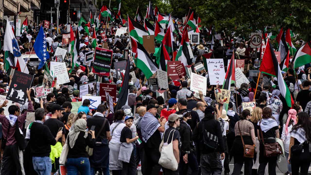 The rally in Melbourne began outside the State Library.