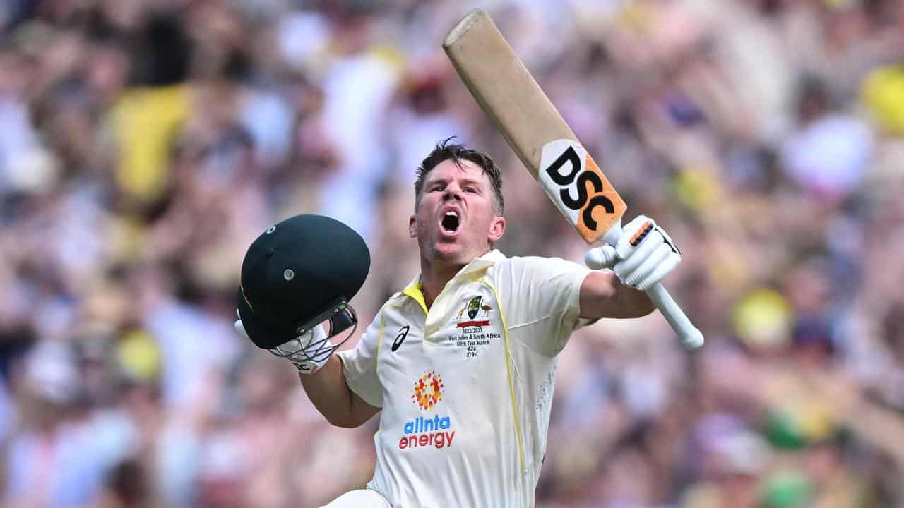 David Warner celebrates his double century v S.Africa in December 22.