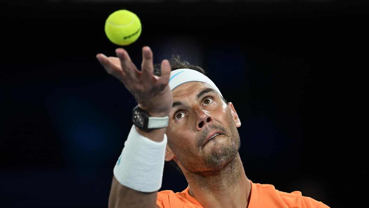 Rafael Nadal serves at the 2023 Australian Open. 