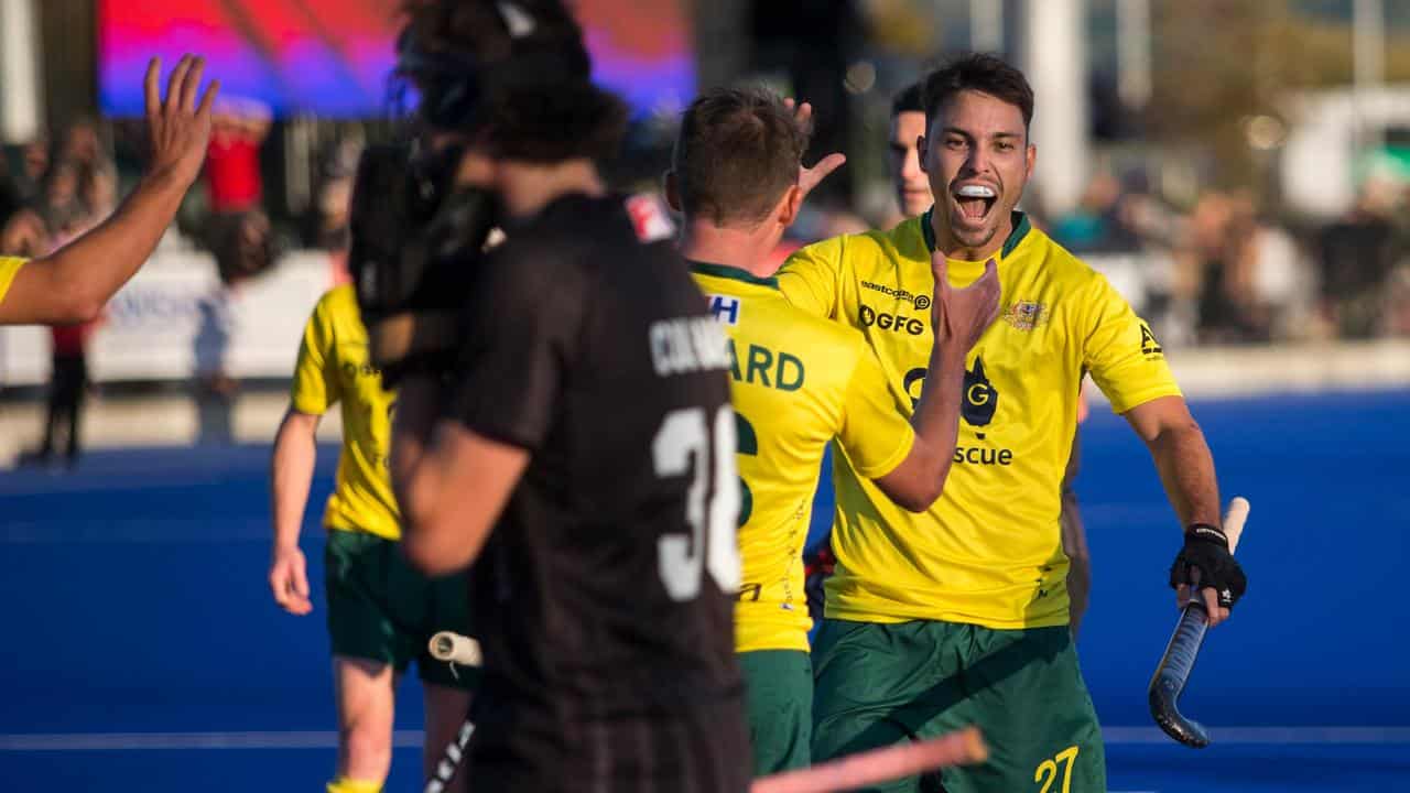 Joel Rintala celebrates a goal for the Kookaburras.