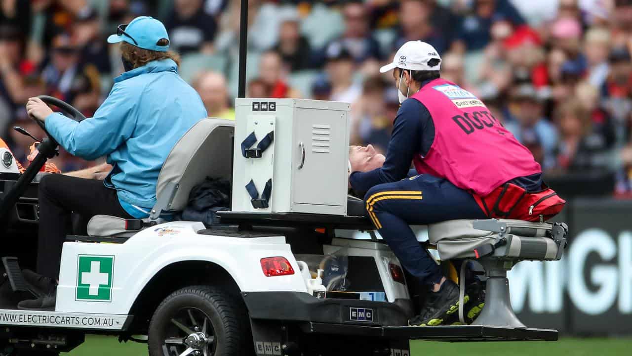 Brodie Smith of the Crows leaves the field with concussion