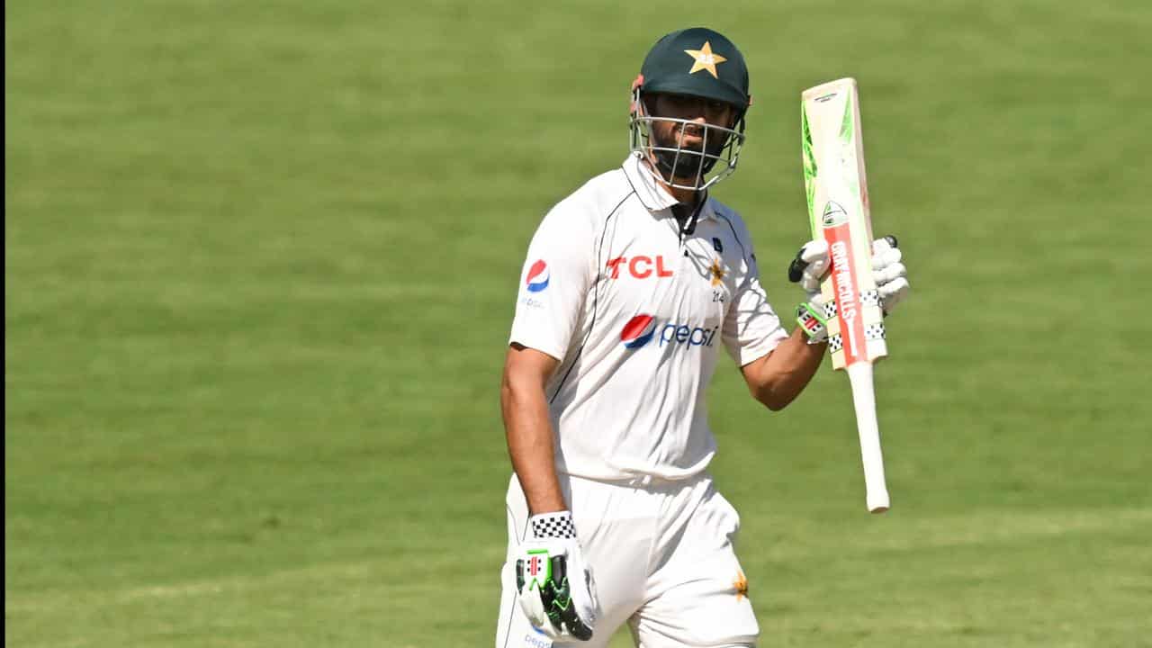 Pakistan skipper Shan Masood celebrates his double-century.