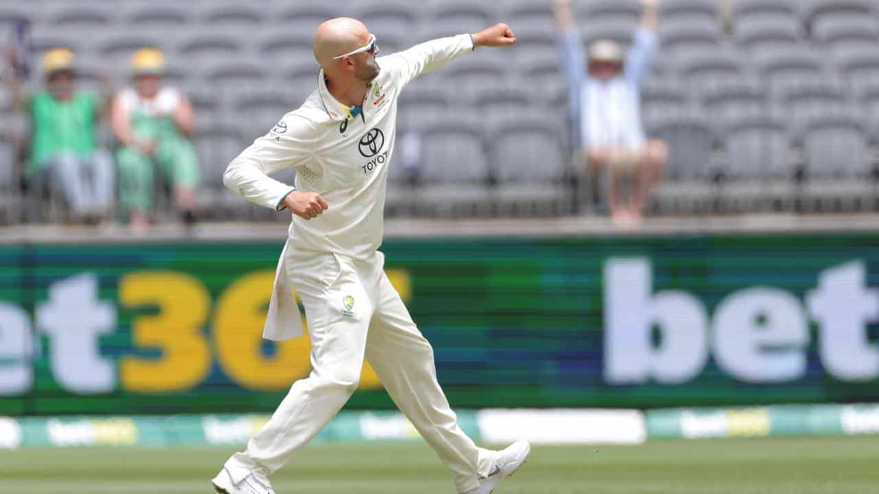 Nathan Lyon shows his delight