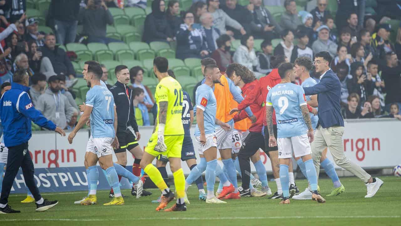 Melbourne City's Jamie Maclaren (9) at last year's Melbourne derby. 