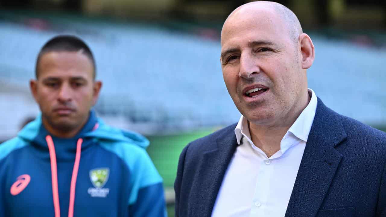 Usman Khawaja (left) and Cricket Australia CEO Nick Hockley