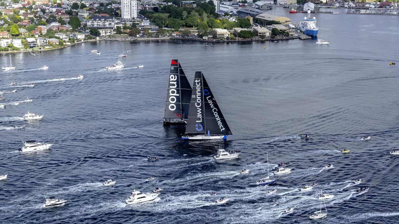 LawConnect and Andoo Comanche arriving at the finish line in Hobart.