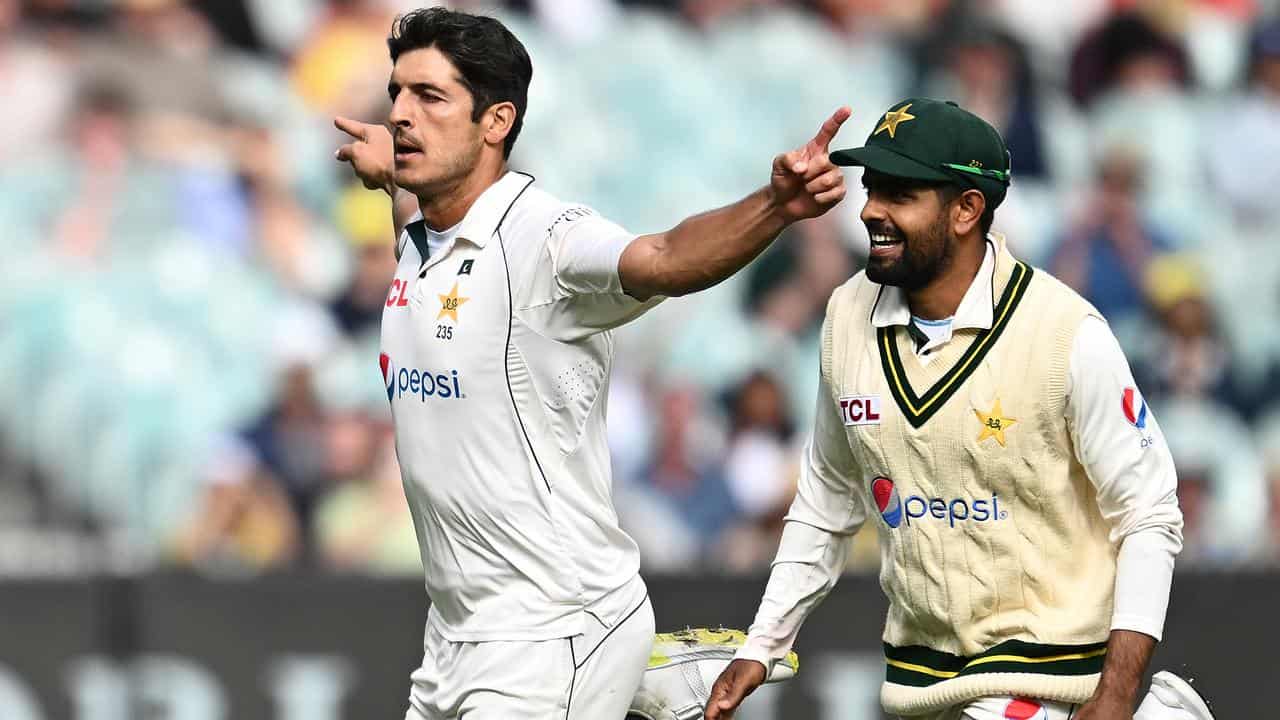 Pakistan paceman Mir Hamza (left)