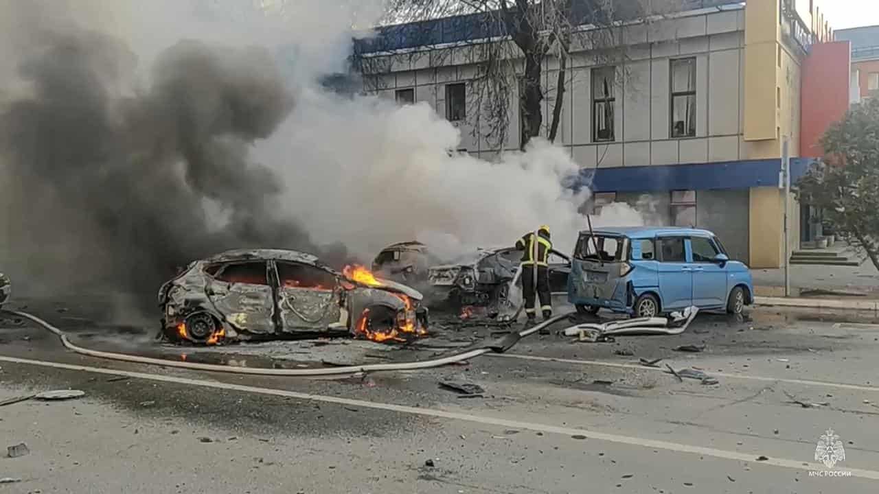 Firefighters extinguish burning cars in Belgorod, Russia.