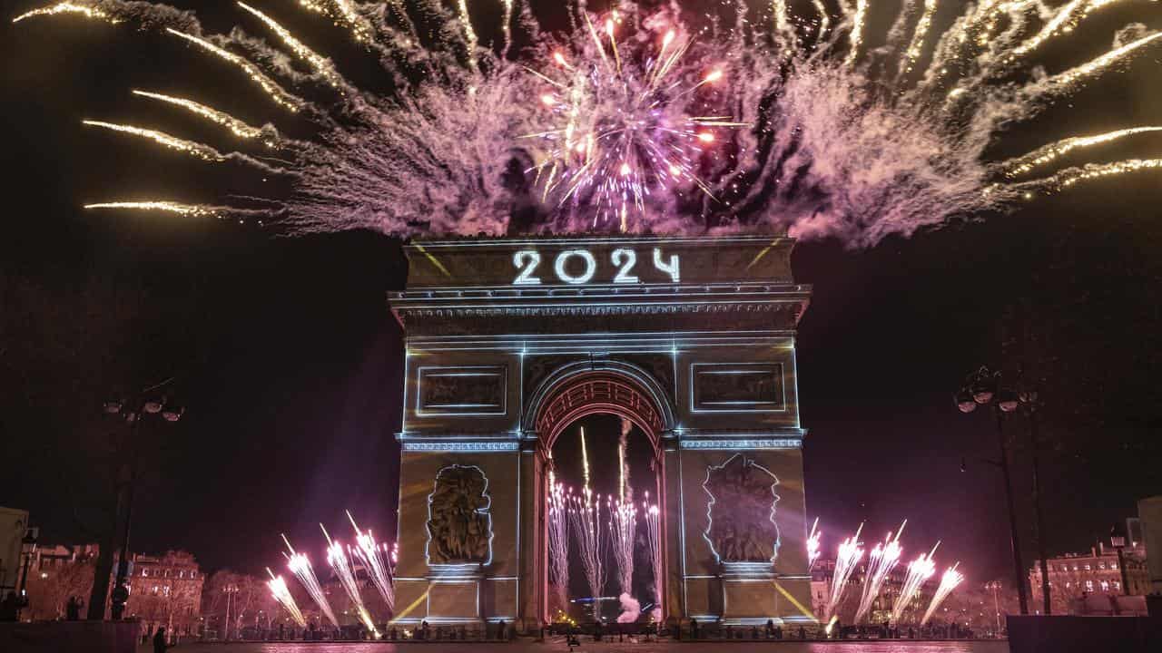 New Year light show is projected on the Arc de Triomphe in Paris.