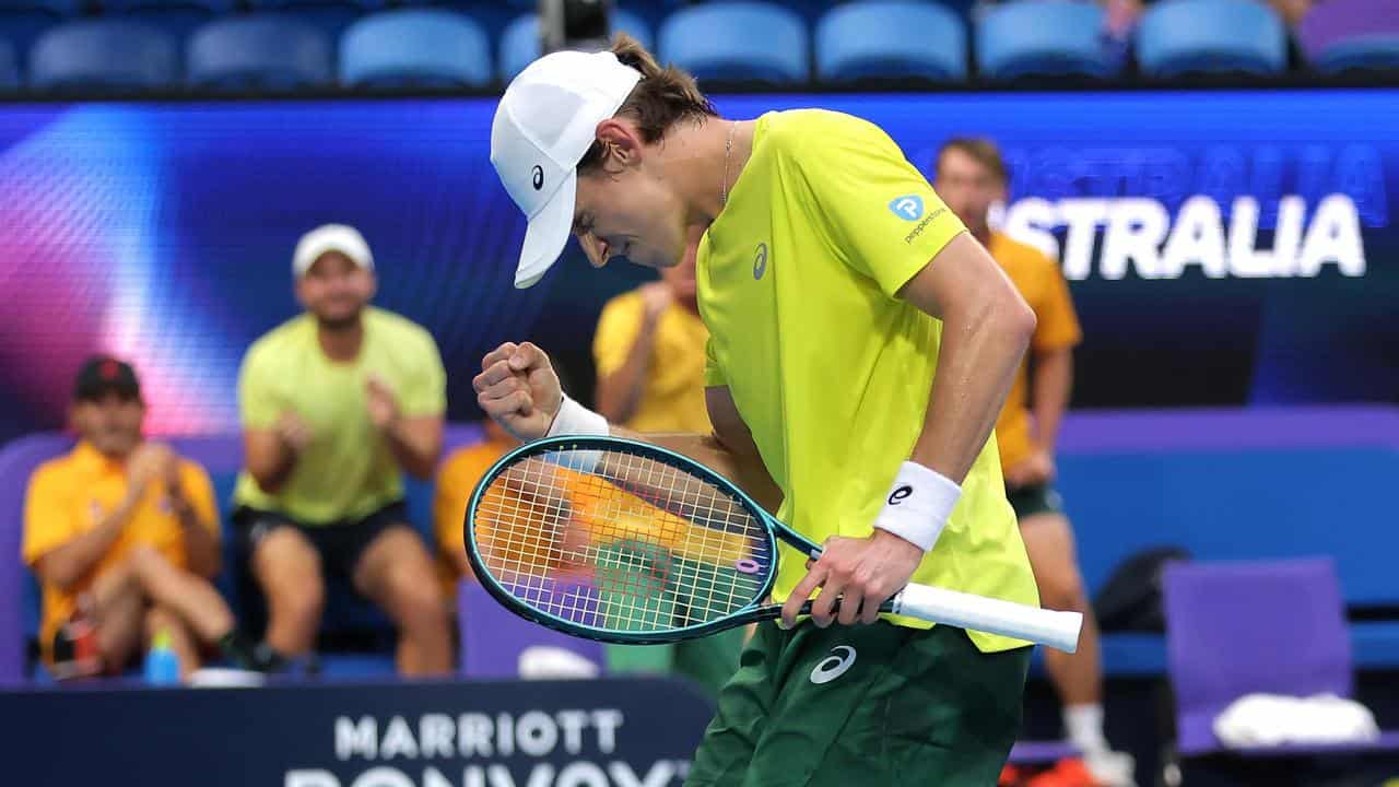 Alex de Minaur celebrates during United Cup.