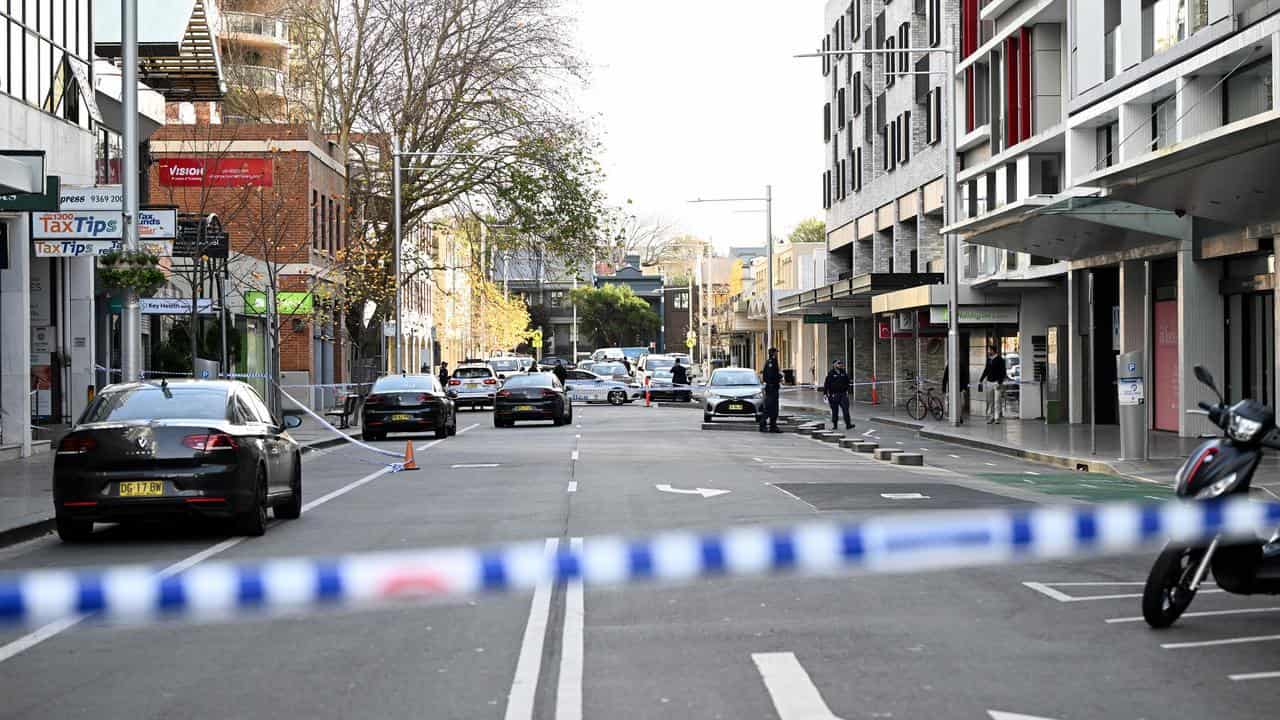 Police at the scene of a shooting death in Bondi Junction.