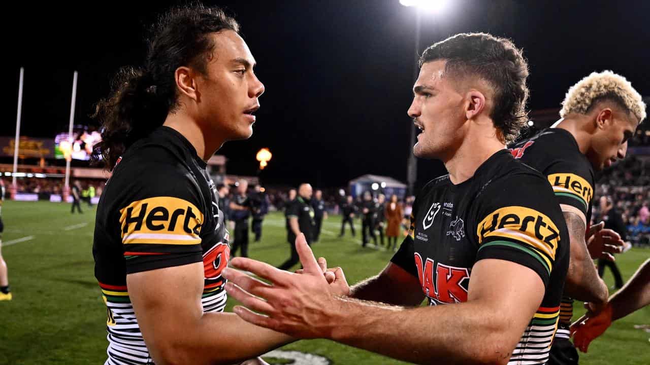 Jarome Luai (l) and Nathan Cleary (r) with Penrith. 