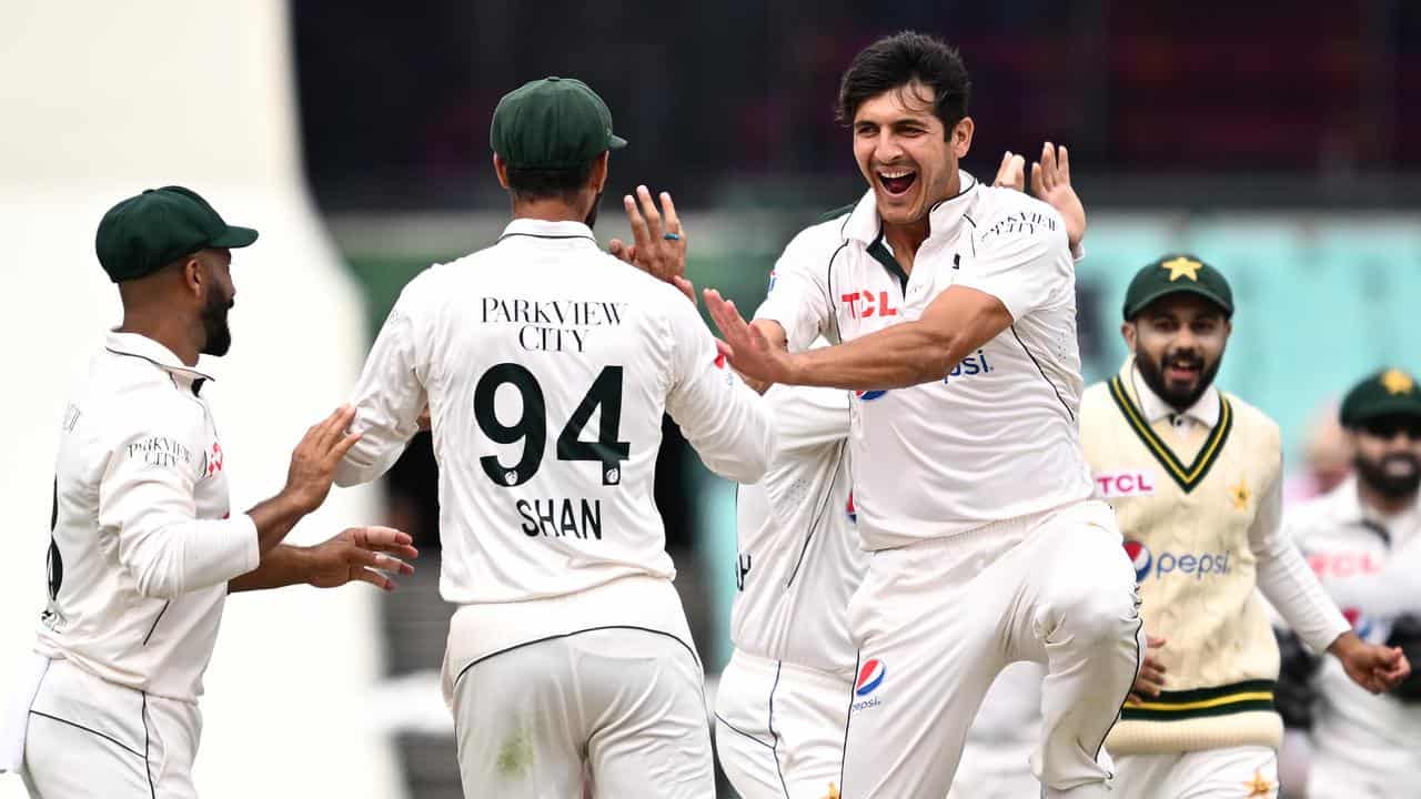 Pakistan bowlers celebrate against Australia at the SCG.