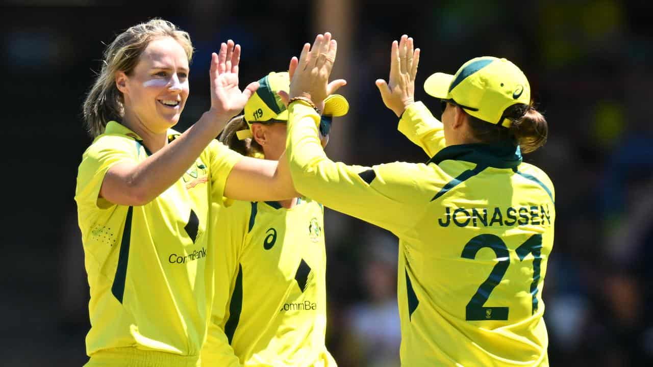 Ellyse Perry celebrates taking a wicket for Australia. 